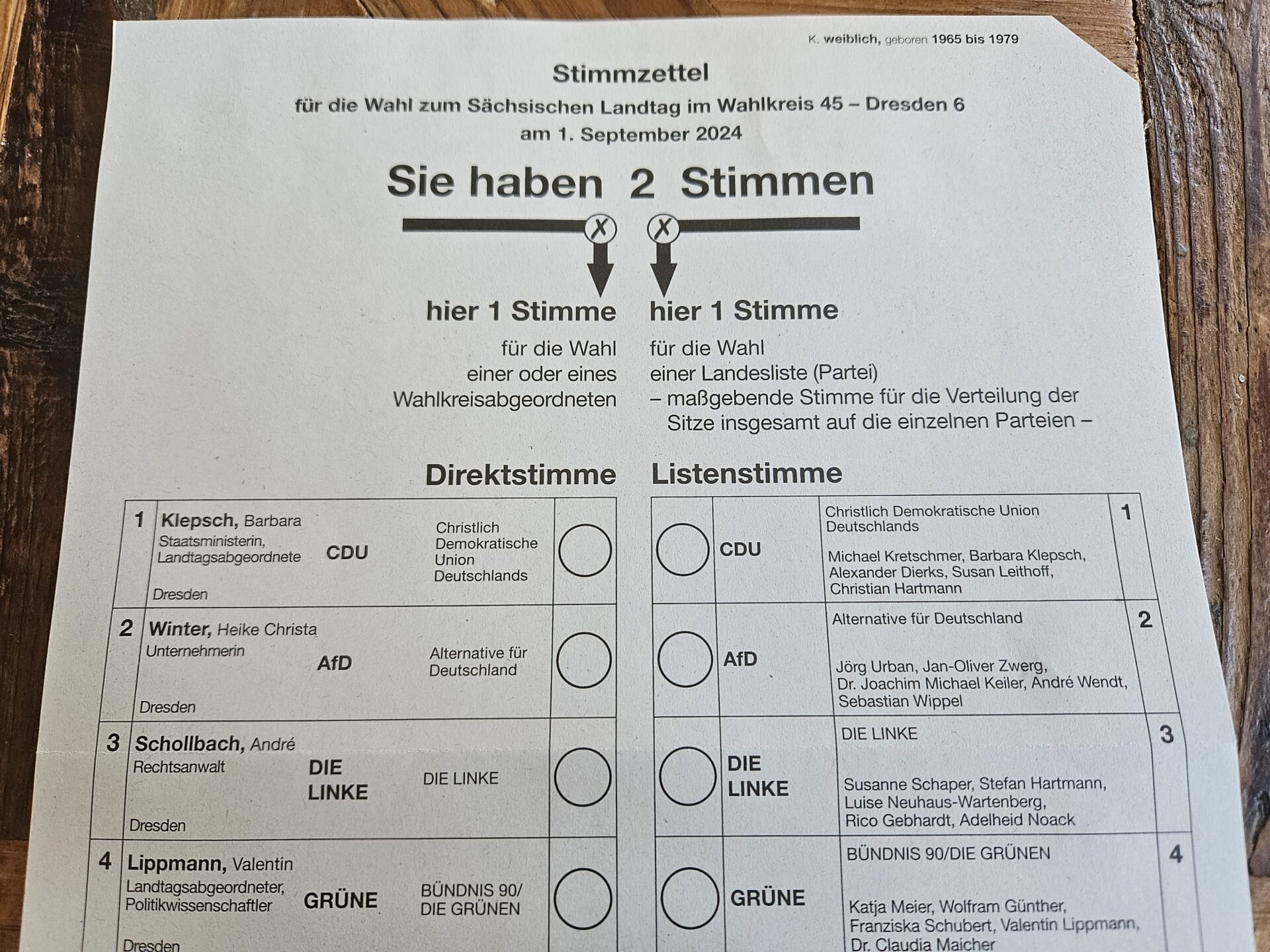 Stimmzettel Landtag Sachsen