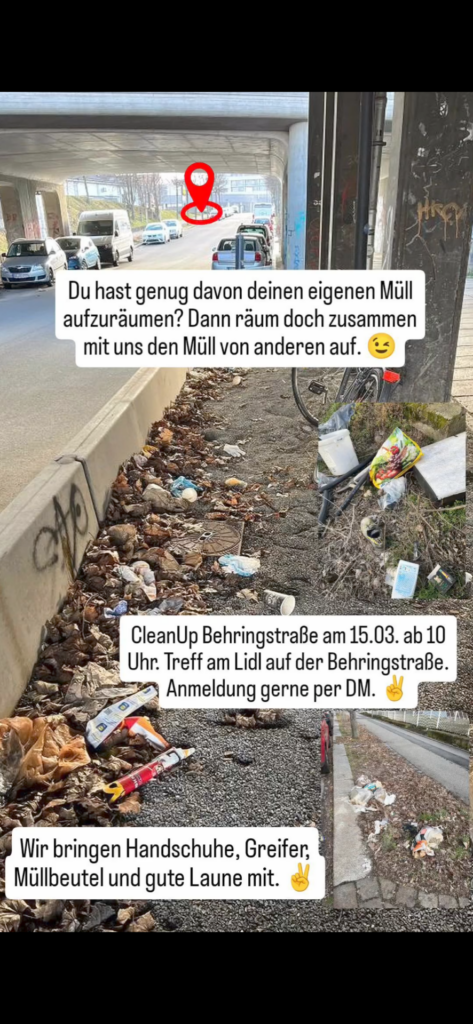 Am 15. März heißt es wieder: Müll weg! CleanUp Cotta lädt zum Community CleanUp in der Behringstraße ein. Sei dabei und mach Dresden sauber!