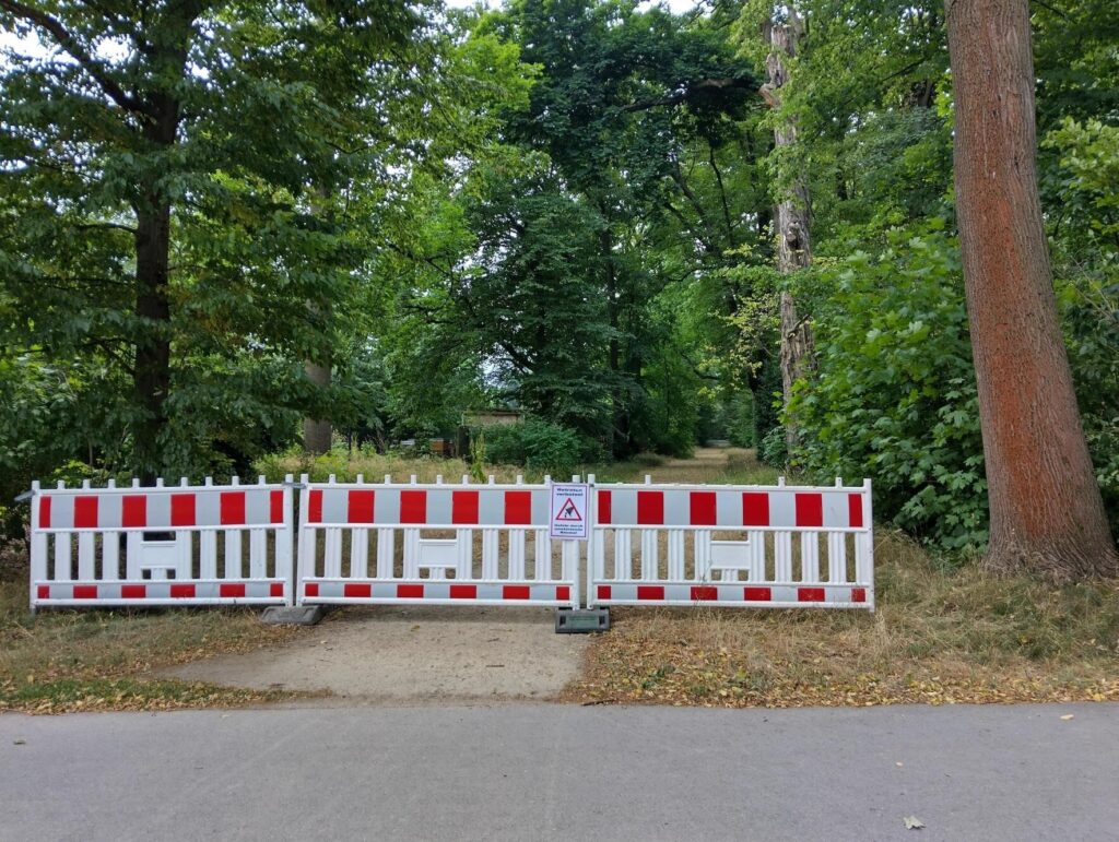 Absperrung im Großen Garten Dresden wegen Gefahr durch geschädigte Bäume, verursacht durch Klimawandel und Baumkrankheiten.