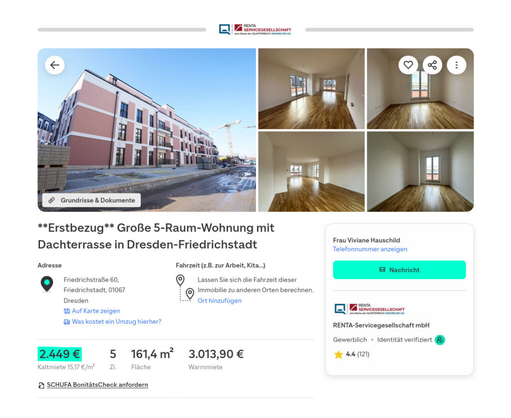 Ostravorwerk Screenshot Inserat 5-Raum-Wohnung für 3.013,90 € Warmmiete