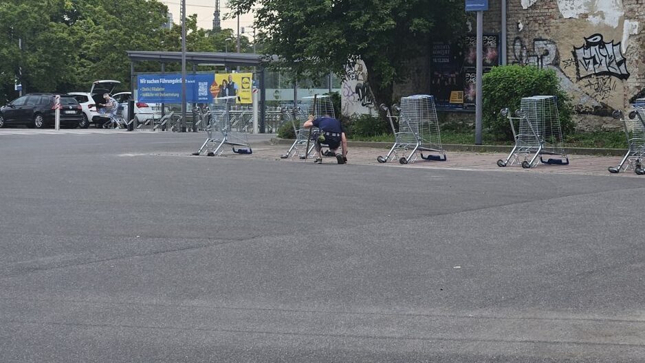 Der Hausmeister stellte die Einkaufswagen hochkant, um die Fugen freizukratzen.