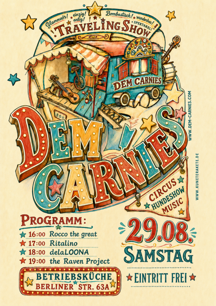 Farbig illustrierter Veranstaltungsflyer für die Travelling Show Dem Carnies am 29. August in der Betriebsküche Dresden